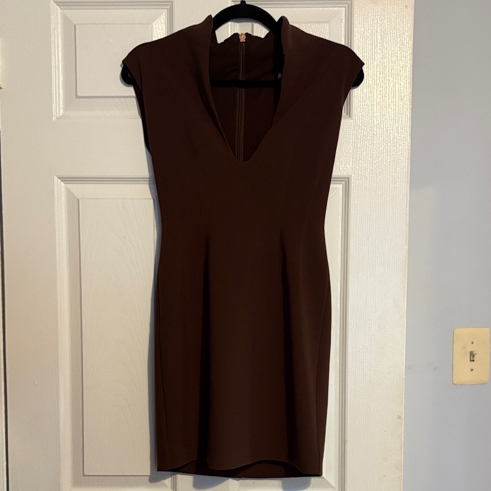 Nookie Designer Chocolate Brown V-Neck Cap Sleeve Mini Dress
